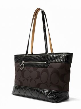 Coach Brown Signature Tote with Black Patent Trim
